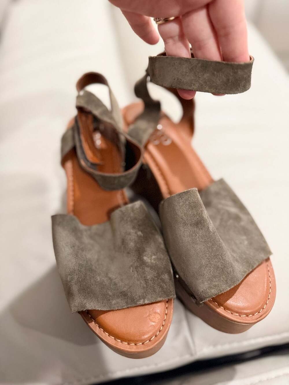 Franco Sarto Olive Suede Platform Sandals wooden wedge heel, and ankle strap